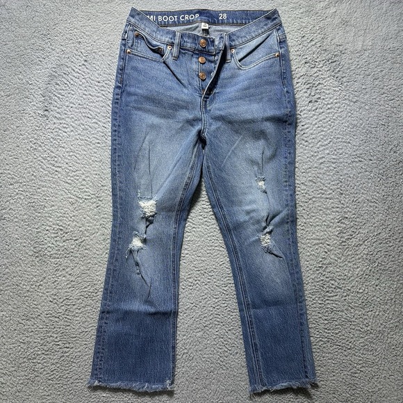 J. Crew Demi Boot Crop Button Fly Medium Wash Blue Jean Sz 28 Distressed  Frayed - Picture 1 of 11